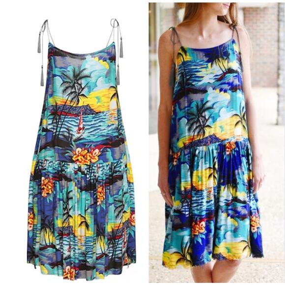 One Teaspoon Womens Boho Beachy Tropical Hawaiian Sleeveless Dress Size‎ M Blue - Picture 1 of 10
